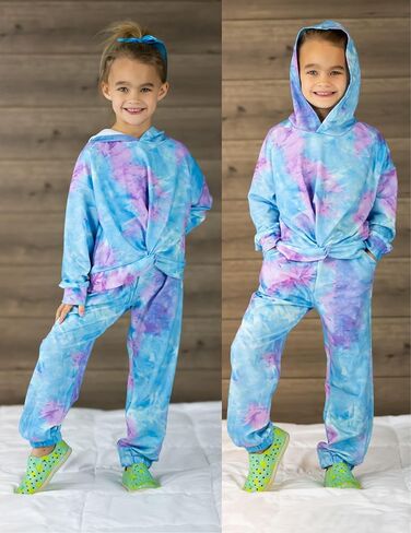 Arshiner Girl's 2 Piece Outfits Tie-dye Twist Front Pullover Hooded Sweatsuits Sweatshirt and Sweatpants Clothing Set in Saudi Arabia
