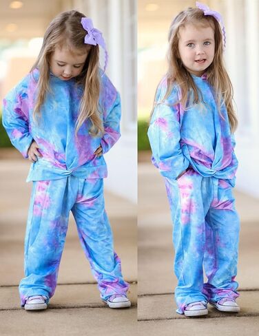 Arshiner Girl's 2 Piece Outfits Tie-dye Twist Front Pullover Hooded Sweatsuits Sweatshirt and Sweatpants Clothing Set in Saudi Arabia