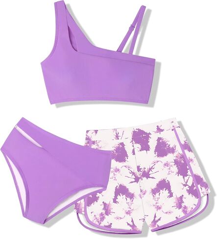 Girls Swimsuit 3 Piece Adjustable Strap Cutout Girls' Swimwear with Shorts Girls Bathing Suit Summer 7-16 Years in Saudi Arabia