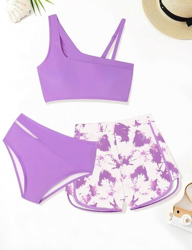 Girls Swimsuit 3 Piece Adjustable Strap Cutout Girls' Swimwear with Shorts Girls Bathing Suit Summer 7-16 Years in Saudi Arabia