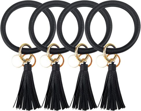 4 قطع من سلسلة المفاتيح الجلدية سوار الإسورة حلقة رئيسية دائرية كبيرة على شكل شرابة سلسلة مفاتيح حامل سوار للنساء والفتيات in Kuwait