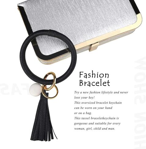 4 قطع من سلسلة المفاتيح الجلدية سوار الإسورة حلقة رئيسية دائرية كبيرة على شكل شرابة سلسلة مفاتيح حامل سوار للنساء والفتيات in Kuwait
