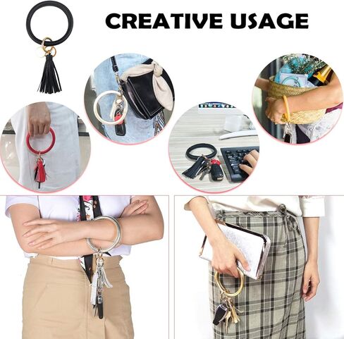 4 قطع من سلسلة المفاتيح الجلدية سوار الإسورة حلقة رئيسية دائرية كبيرة على شكل شرابة سلسلة مفاتيح حامل سوار للنساء والفتيات in Kuwait