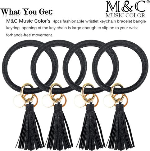 4 قطع من سلسلة المفاتيح الجلدية سوار الإسورة حلقة رئيسية دائرية كبيرة على شكل شرابة سلسلة مفاتيح حامل سوار للنساء والفتيات in Kuwait