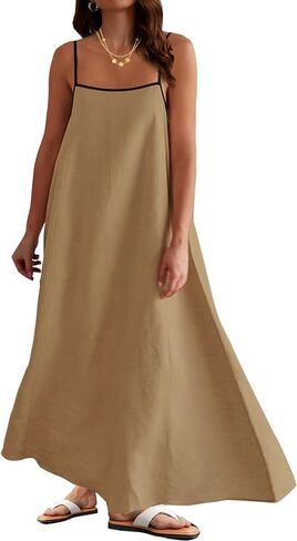 فستان نسائي طويل من الكتان بحافة متباينة وأشرطة سباغيتي ملابس صيفية للسفر والإجازات فساتين طويلة بدون أكمام in Kuwait