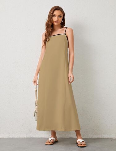 فستان نسائي طويل من الكتان بحافة متباينة وأشرطة سباغيتي ملابس صيفية للسفر والإجازات فساتين طويلة بدون أكمام in Kuwait