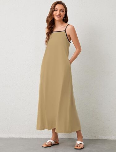 فستان نسائي طويل من الكتان بحافة متباينة وأشرطة سباغيتي ملابس صيفية للسفر والإجازات فساتين طويلة بدون أكمام in Kuwait