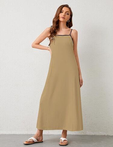 فستان نسائي طويل من الكتان بحافة متباينة وأشرطة سباغيتي ملابس صيفية للسفر والإجازات فساتين طويلة بدون أكمام in Kuwait