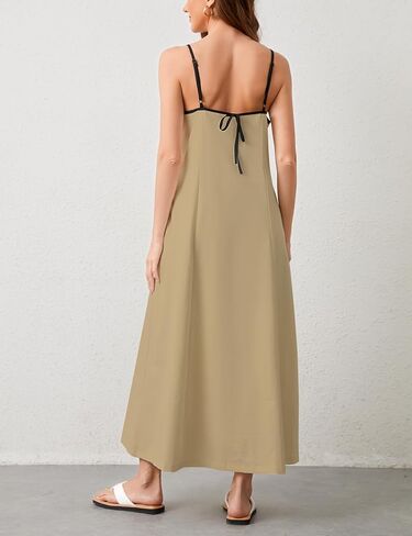 فستان نسائي طويل من الكتان بحافة متباينة وأشرطة سباغيتي ملابس صيفية للسفر والإجازات فساتين طويلة بدون أكمام in Kuwait