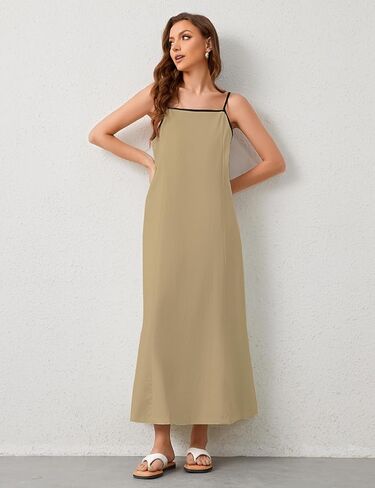 فستان نسائي طويل من الكتان بحافة متباينة وأشرطة سباغيتي ملابس صيفية للسفر والإجازات فساتين طويلة بدون أكمام in Kuwait