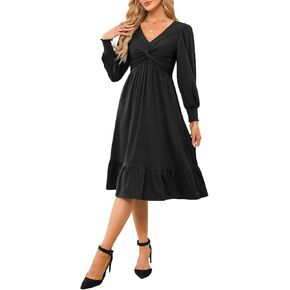 Dokotoo Womens 2024 Wrap V-Neck Twist Knot Long Sleeve Empire Waist Midi Dress A-Line Ruched Flowy Dress with Pockets