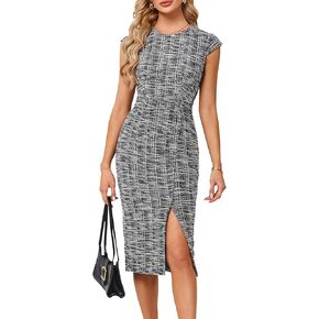 JASAMBAC Womens Work Pencil Dresses Vintage Tweed Slim Dress Cap Sleeve Crew Neck Office Bodycon Midi Dress