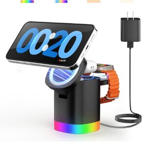 JoyGeek 3-in-1 Charger Stand for Magnetic: Foldable Wireless Charging Station with Night Lights - Magnetic Charger Dock for iPhone 15/14/13/12 Pro Max/Plus/Mini, Apple Watch Series 2-9/Ultra