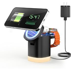JoyGeek 3-in-1 Charger Stand for Magnetic: Foldable Wireless Charging Station with Night Lights - Magnetic Charger Dock for iPhone 15/14/13/12 Pro Max/Plus/Mini, Apple Watch Series 2-9/Ultra