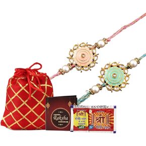 Rakhi for Brother Combo Set of 2 With Roli Chawal, Raksha Bandhan Greeting Card and Potli Bag Gift Pack