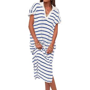 ZESICA Women's Summer Striped Maxi Dress 2024 Casual Short Sleeve V Neck Loose Knitted Side Slit Long Sweater Dresses