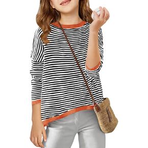 Haloumoning Girls Sweaters Casual Long Sleeve Crewneck Striped Color Block Knit Pullover Tops 5-14Y