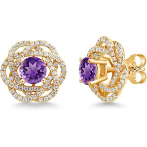 Gem Stone King 18K Yellow Gold Plated Silver Round 6MM Gemstone Birthstone Stud Earrings with White Moissanite Removable Earrings Jackets For Women