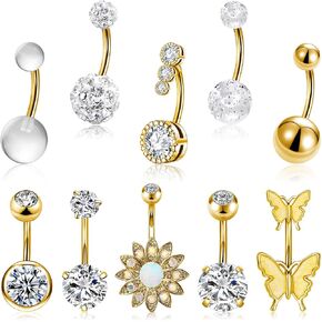 10 Pcs Hypoallergenic Belly Button Rings, 14G Surgical Steel Belly Button Rings for Women Girl, Cubic Zirconia Diamond Belly Button Barbs Belly Piercing Jewelry