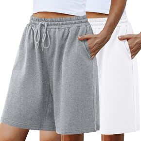 Quenteen Women Loose Fit Summer Shorts Drawstring Waist Knee Length Sweat Bermuda Shorts with Pockets X-Large Dark Green