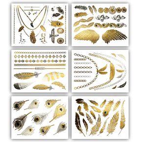 Terra Tattoos Gold Metallic Tattoo Flash Sheets Designs of Feathers, Flowers, Jewerly & more! Face Tattoos for Women Waterproof Nontoxic Long Lasting 75+ Designs for Vacation, Festivals Parties - Gold