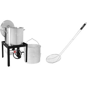 Creole Feast SBK0801 80 QT Kit with Strainer, Outdoor Seafood Boil Pot and Basket with 100,000 BTUs Propane Burner and 10 PSI Regulator, Black & Silver