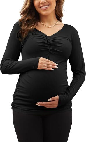 GINKANA Women Long Sleeve Maternity Shirts V Neck Ruched Sides Ribbed Knit Pregnancy Tee Tunics Tops in Kuwait
