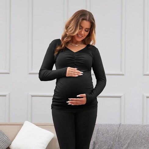 GINKANA Women Long Sleeve Maternity Shirts V Neck Ruched Sides Ribbed Knit Pregnancy Tee Tunics Tops in Kuwait