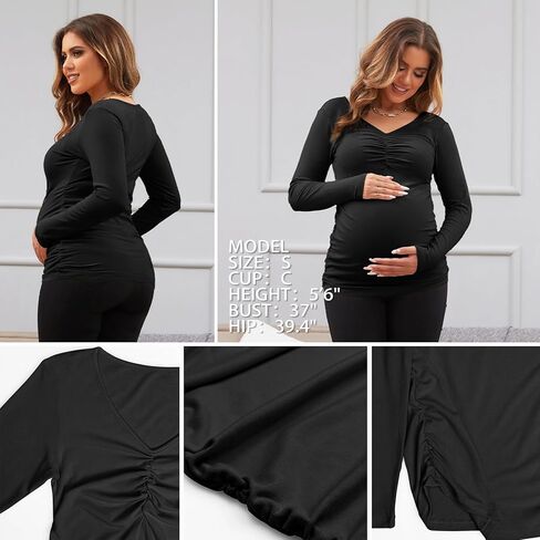 GINKANA Women Long Sleeve Maternity Shirts V Neck Ruched Sides Ribbed Knit Pregnancy Tee Tunics Tops in Kuwait