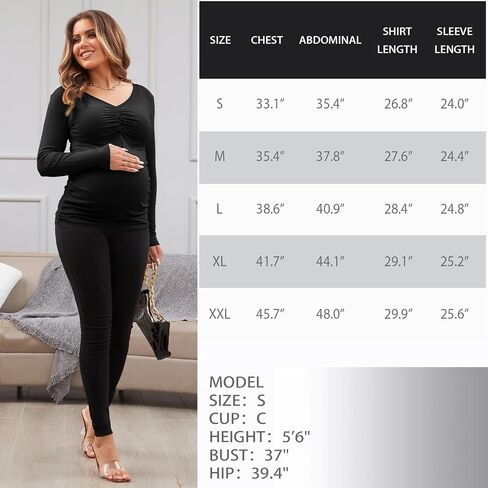 GINKANA Women Long Sleeve Maternity Shirts V Neck Ruched Sides Ribbed Knit Pregnancy Tee Tunics Tops in Kuwait