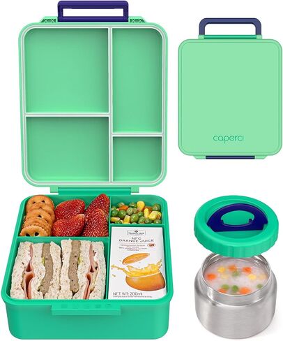 Caperci Kids Bento Lunch Box with Insulated Thermos - Leakproof Thermal Lunch Box Containers for Kids, 4-Compartment, Portable Handle, Two Temperature Zones (Blue) in Saudi Arabia