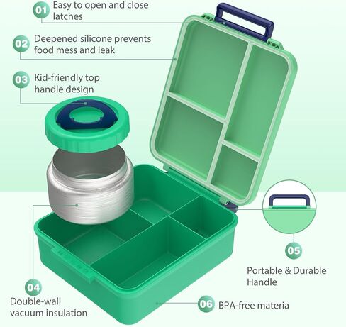 Caperci Kids Bento Lunch Box with Insulated Thermos - Leakproof Thermal Lunch Box Containers for Kids, 4-Compartment, Portable Handle, Two Temperature Zones (Blue) in Saudi Arabia