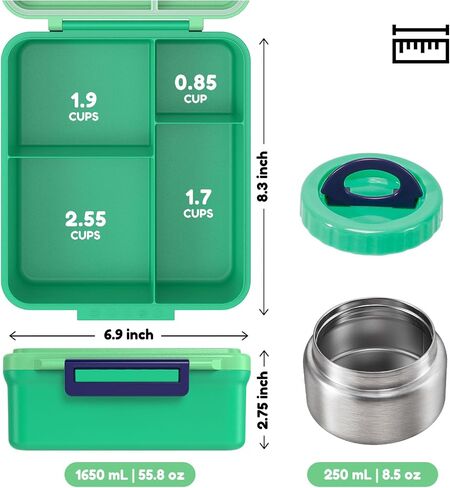 Caperci Kids Bento Lunch Box with Insulated Thermos - Leakproof Thermal Lunch Box Containers for Kids, 4-Compartment, Portable Handle, Two Temperature Zones (Blue) in Saudi Arabia