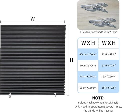 No Tools Original Pleated Fabric Window Blinds,Temporary Window Shades Cordless Light Filtering Pleated Paper Shades,Easy to Cut and Install(2, Black, 36x72inch) in Saudi Arabia