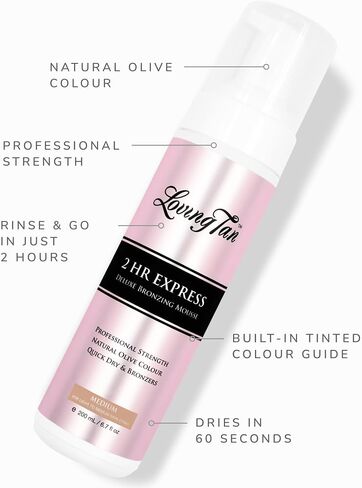 موس Loving Tan 2 HR Express، متوسط ​​- خالٍ من الخطوط، ذو مظهر طبيعي، مستحضر تسمير البشرة بدون شمس بقوة احترافية - ما يصل إلى 5 تطبيقات تسمير ذاتي لكل زجاجة، لم يتم الإساءة إلى الحيوانات لتصنيعه، ثنائي هيدروكسي الأسيتون المشتق طبيعيًا - 4 أونصة سائلة in Kuwait