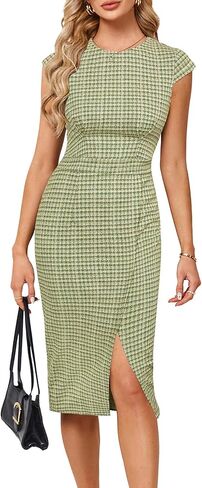 JASAMBAC Womens Work Pencil Dresses Vintage Tweed Slim Dress Cap Sleeve Crew Neck Office Bodycon Midi Dress in Saudi Arabia