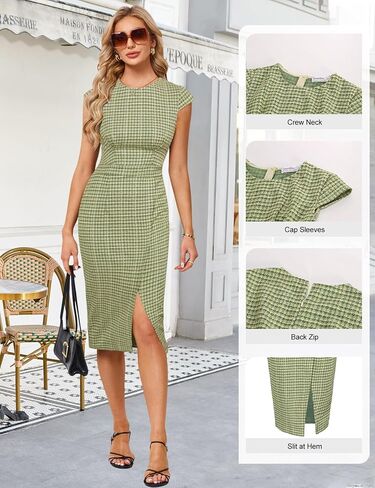 JASAMBAC Womens Work Pencil Dresses Vintage Tweed Slim Dress Cap Sleeve Crew Neck Office Bodycon Midi Dress in Saudi Arabia