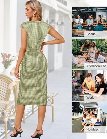 JASAMBAC Womens Work Pencil Dresses Vintage Tweed Slim Dress Cap Sleeve Crew Neck Office Bodycon Midi Dress in Saudi Arabia