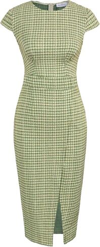 JASAMBAC Womens Work Pencil Dresses Vintage Tweed Slim Dress Cap Sleeve Crew Neck Office Bodycon Midi Dress in Saudi Arabia