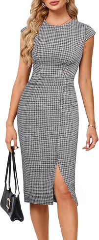 JASAMBAC Womens Work Pencil Dresses Vintage Tweed Slim Dress Cap Sleeve Crew Neck Office Bodycon Midi Dress in Saudi Arabia
