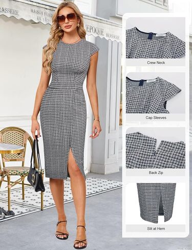 JASAMBAC Womens Work Pencil Dresses Vintage Tweed Slim Dress Cap Sleeve Crew Neck Office Bodycon Midi Dress in Saudi Arabia