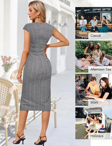 JASAMBAC Womens Work Pencil Dresses Vintage Tweed Slim Dress Cap Sleeve Crew Neck Office Bodycon Midi Dress in Saudi Arabia