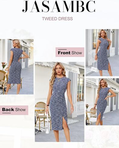 JASAMBAC Womens Work Pencil Dresses Vintage Tweed Slim Dress Cap Sleeve Crew Neck Office Bodycon Midi Dress in Saudi Arabia