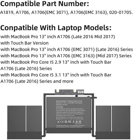 YXKC A1964 Laptop Battery Replacement for MacBook Pro 13" A1989 (Mid 2018 2019) A2251(2020 Release) EMC 3214 3358 3348 BTO/CTO Touch Bar MR9Q2LL/A MR9V2LL/A MV962LL/A in Saudi Arabia