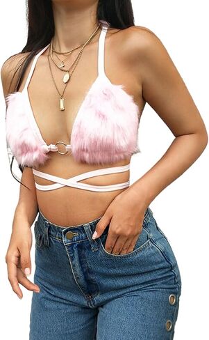 Women's Rave Furry Bra Top Strappy Faux Fur Halter Triangle Bralette Backless Tanks Tops Pool Party Dance Clubwear Bikini in Saudi Arabia