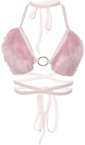 Women's Rave Furry Bra Top Strappy Faux Fur Halter Triangle Bralette Backless Tanks Tops Pool Party Dance Clubwear Bikini in Saudi Arabia