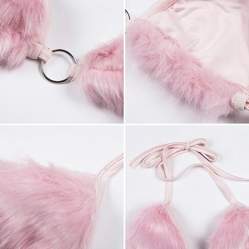 Women's Rave Furry Bra Top Strappy Faux Fur Halter Triangle Bralette Backless Tanks Tops Pool Party Dance Clubwear Bikini in Saudi Arabia