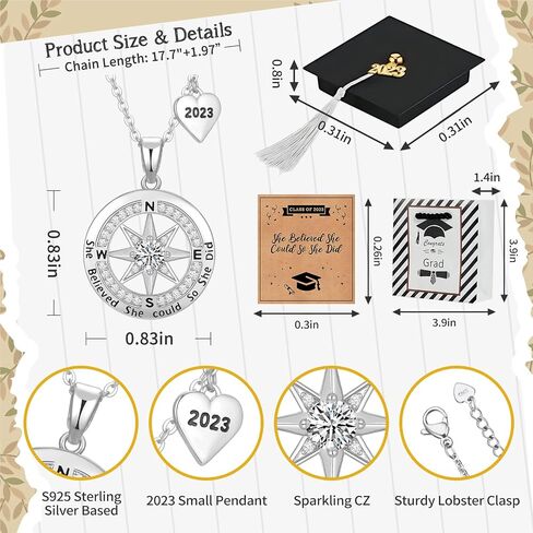 Graduation Gifts for Her 2023, Graduation Necklaces for Girls, S925 Sterling Silver Compass Necklace for Women, College Graduation Jewelry Gift, Senior High School Middle School Graduation Gifts for Wife Girlfriends Teen Girls Sister Daughter Niece in Saudi Arabia