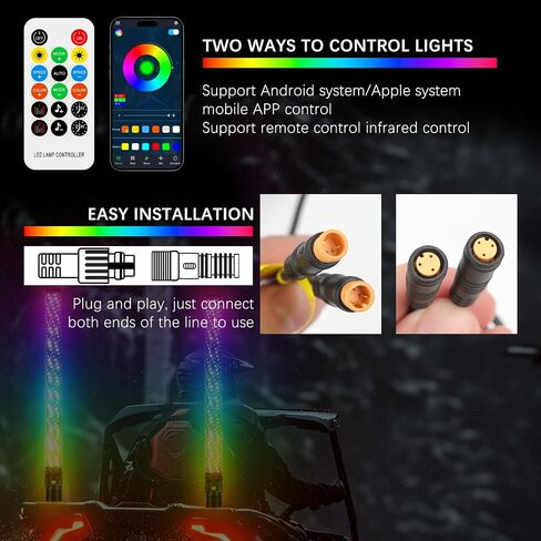 DREAMIZER 2PCS Thick LED Whip Lights, 1FT RGB Light Whip LED Whip w/Remote,12V Fat Whip Light for Side by Side Light Whips for UTV ATV RZR Offroad Truck and More in Saudi Arabia