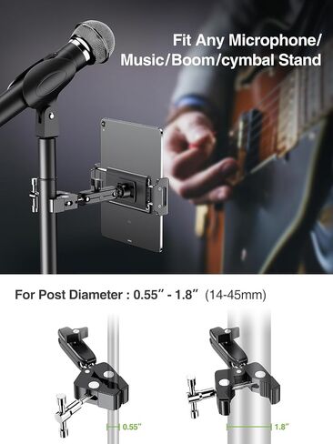 elitehood Metal iPad Mic Stand Holder, 360° Swivel Tilt Microphone Stand Phone Holder Mount, Aluminum Tablet Clamp Adapter for All Phone, iPad Pro 12.9/11, iPad, iPad Mini Air and More 4-12.9" Tablet in Kuwait